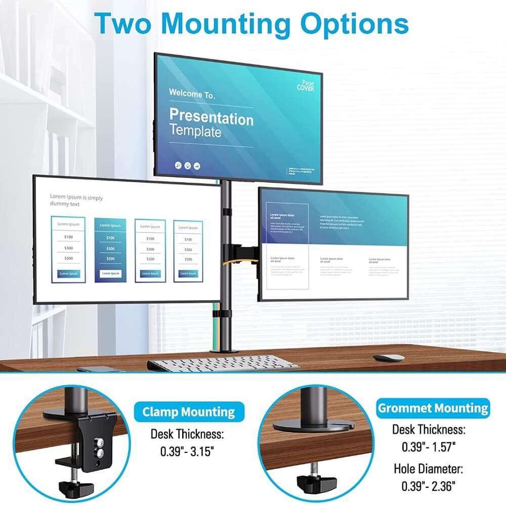 triple monitor stand grommet mount and clamp mount