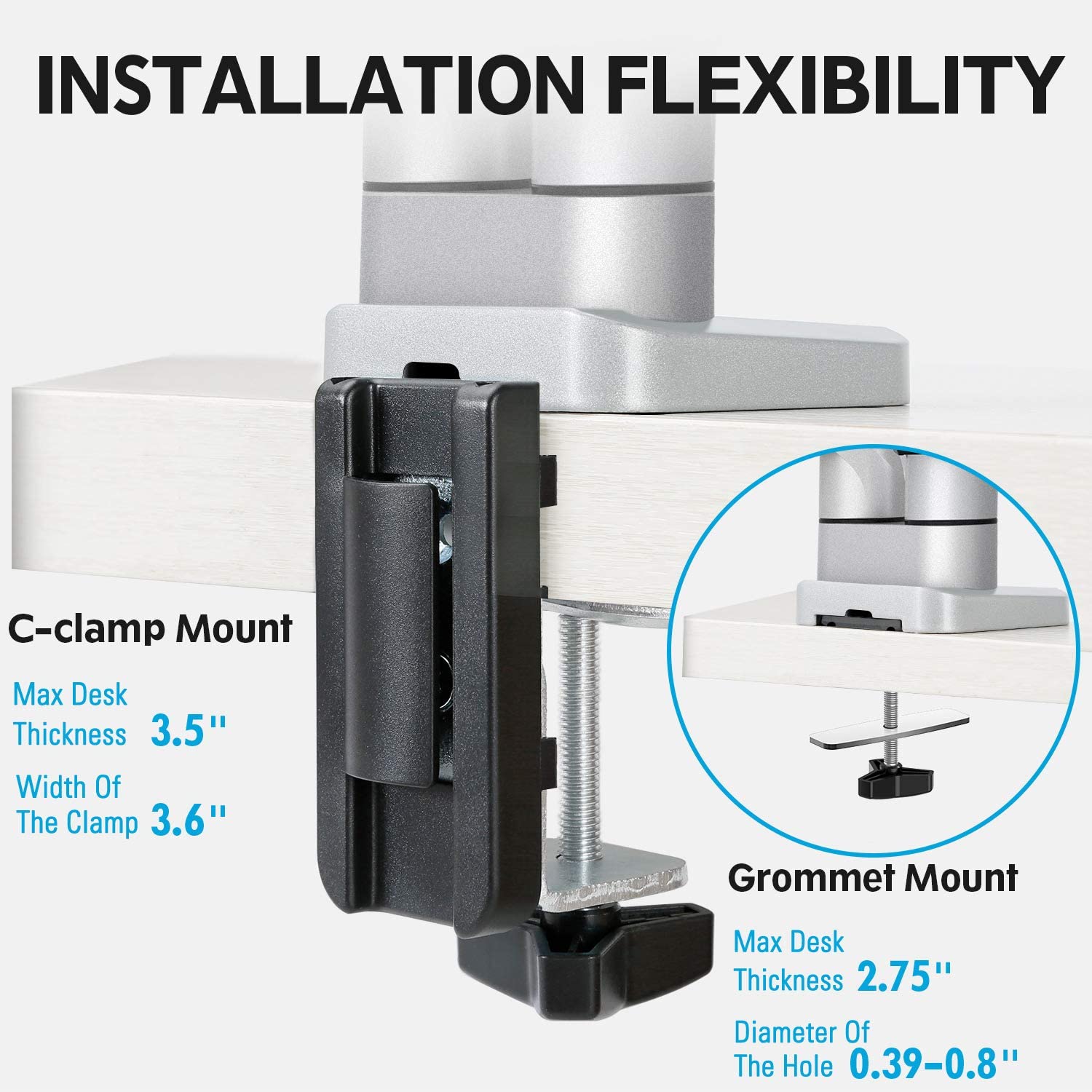 dual monitor arm grommet mount and clamp mount