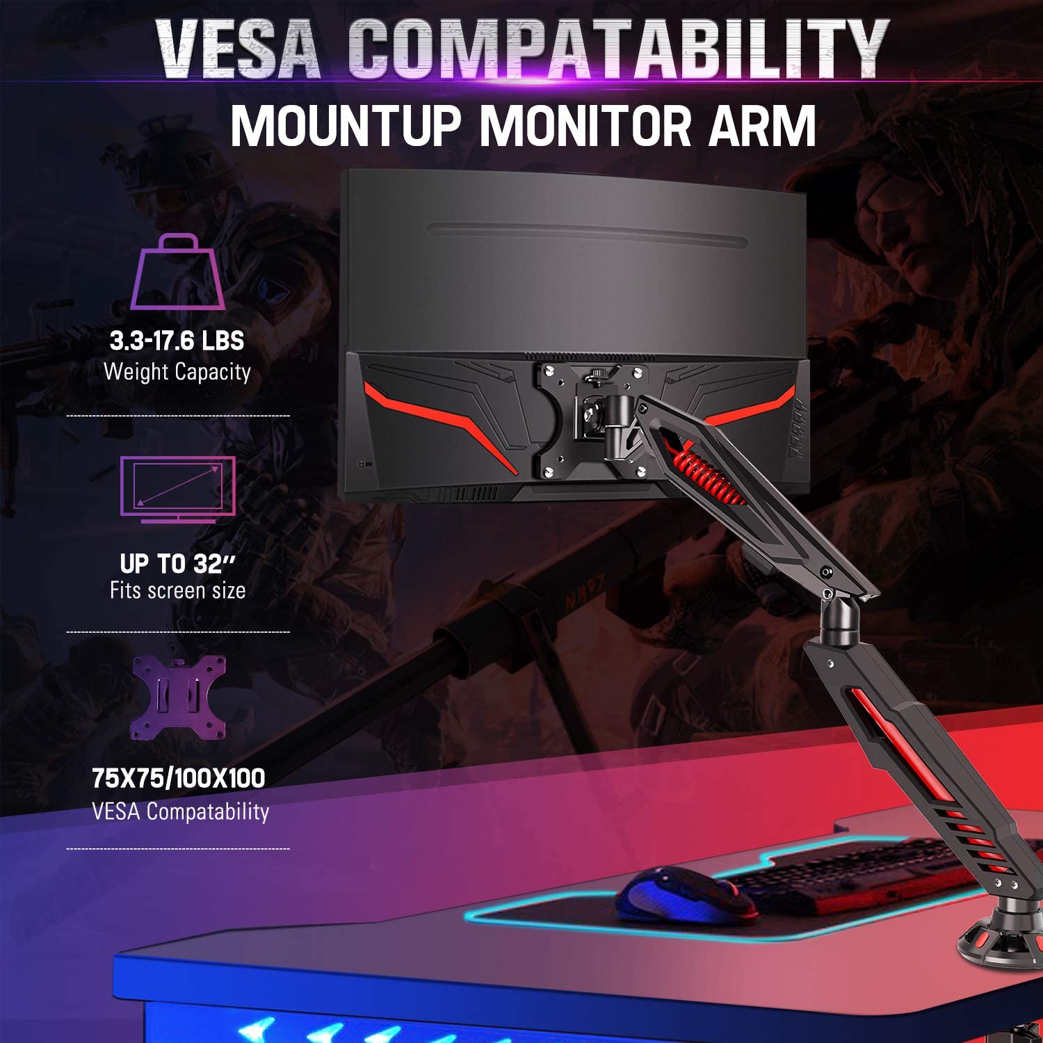 Soporte de escritorio para monitor único para monitores de 17''-32'' MU0027 para juegos