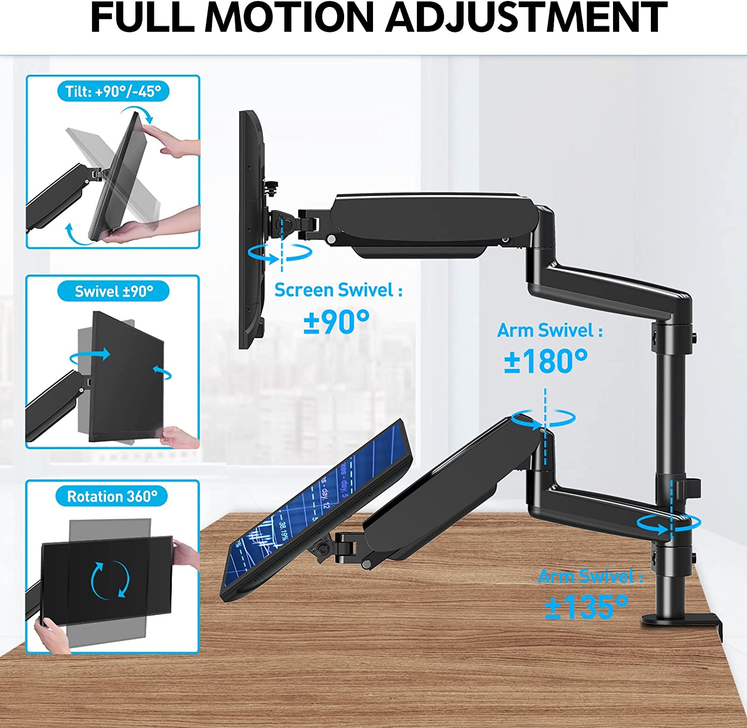 full motion dual monitor desk mount points monitors almost anywhere