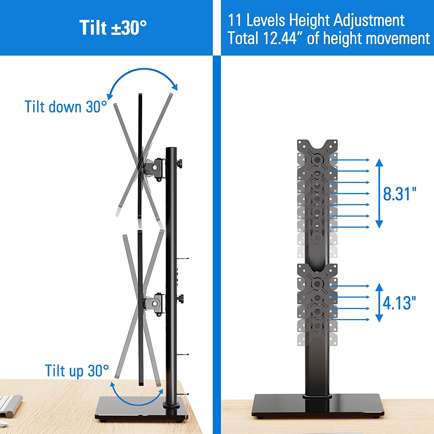 Dual monitor desk stand tilts monitor up or down to reduce glare