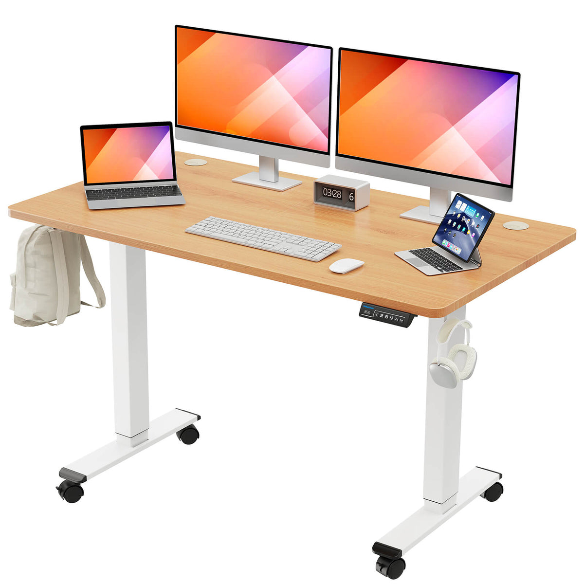 LEAP Electric Height Adjustable Rectangular Sit Stand Desk Portal Top  W1600xD800xH620-1270mm White Top Silver Frame