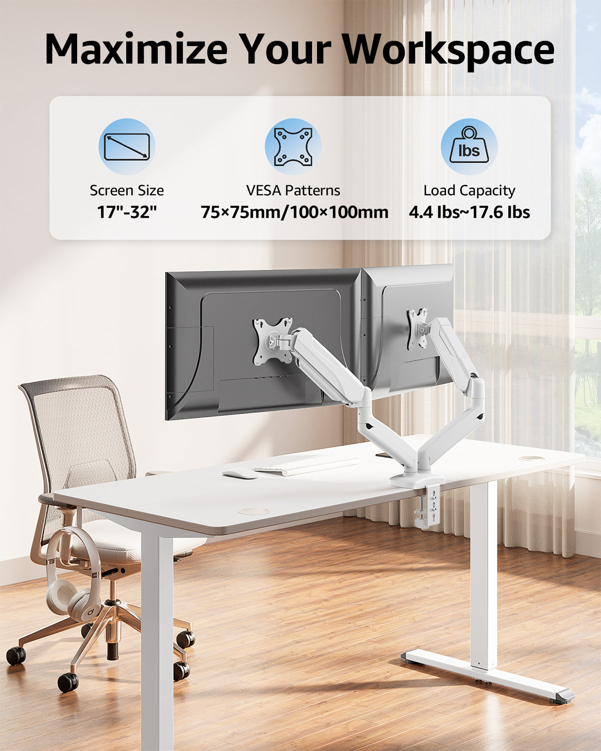 MOUNTUP Dual Monitor Stand for Desk, Monitor Arms for 2 Monitors Max 32 Inches, Height Adjustable Double Monitor Mount, VESA Mount with C-Clamp & Grommet Base, Holds 4.4-17.6lbs, White