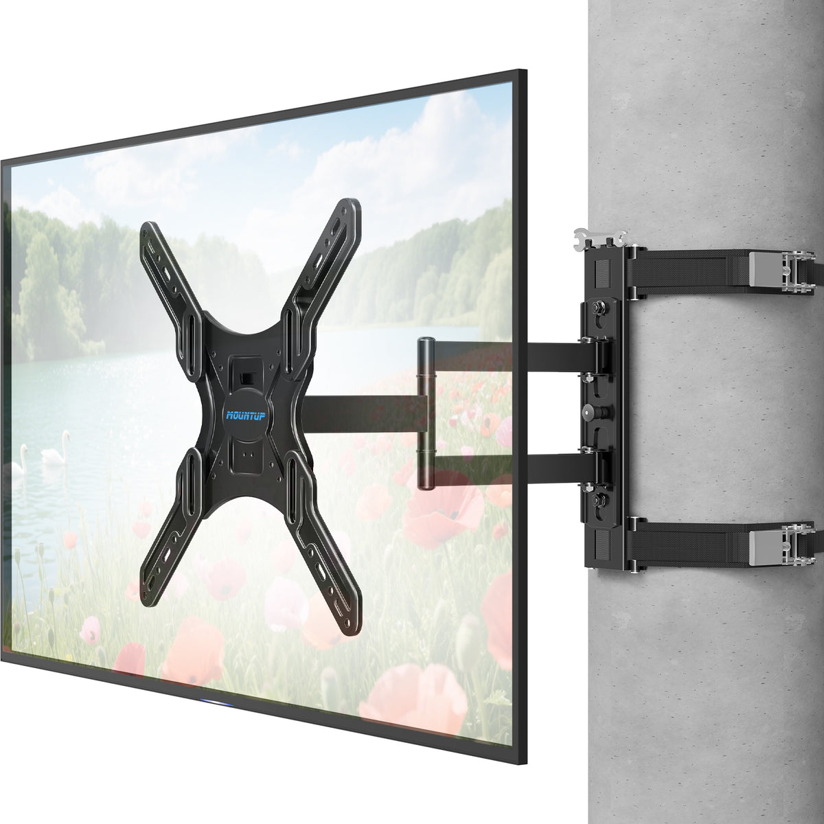 MOUNTUP Pillar TV Mount for 26"-60" TVs, Full Motion Strap-On Post Mount for Round & Square Columns, Swivel Tilt Level, No-Drill Design, Max VESA 400x400mm, Holds 77 lbs, Black MU0084