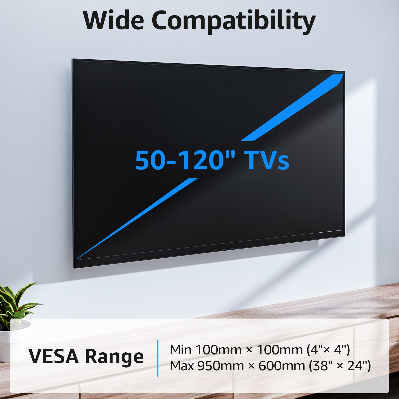 MOUNTUP Large Fixed TV Wall Mount for 50”-120" TVs up to 220 LBS, Low Profile Heavy Duty TV Mount Space Saving, Fits 16", 24", 32” Studs One-Piece Wall Bracket for Max VESA 950x600mm MU0097