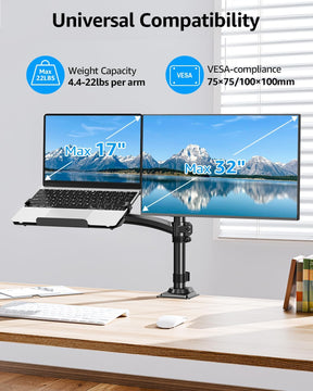 MOUNTUP Laptop and Monitor Desk Mount, Laptop Tray for Max 17" Notebook, Monitors Arm Fits up to 32" Monitor, Laptop Arm Holds 4.4-22lbs, 2-in-1 Tall Laptops Mount with Clamp/Grommet