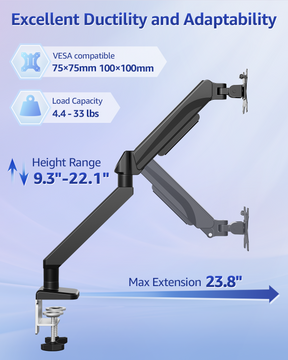 MOUNTUP Heavy Duty Single Monitor Arm Holds up to 33lbs, Monitor Stand for Desk for Max 42 Inch Screens, Height Adjustable Gas Spring Ultrawide Monitors Mount with C-Clamp & Grommet Base
