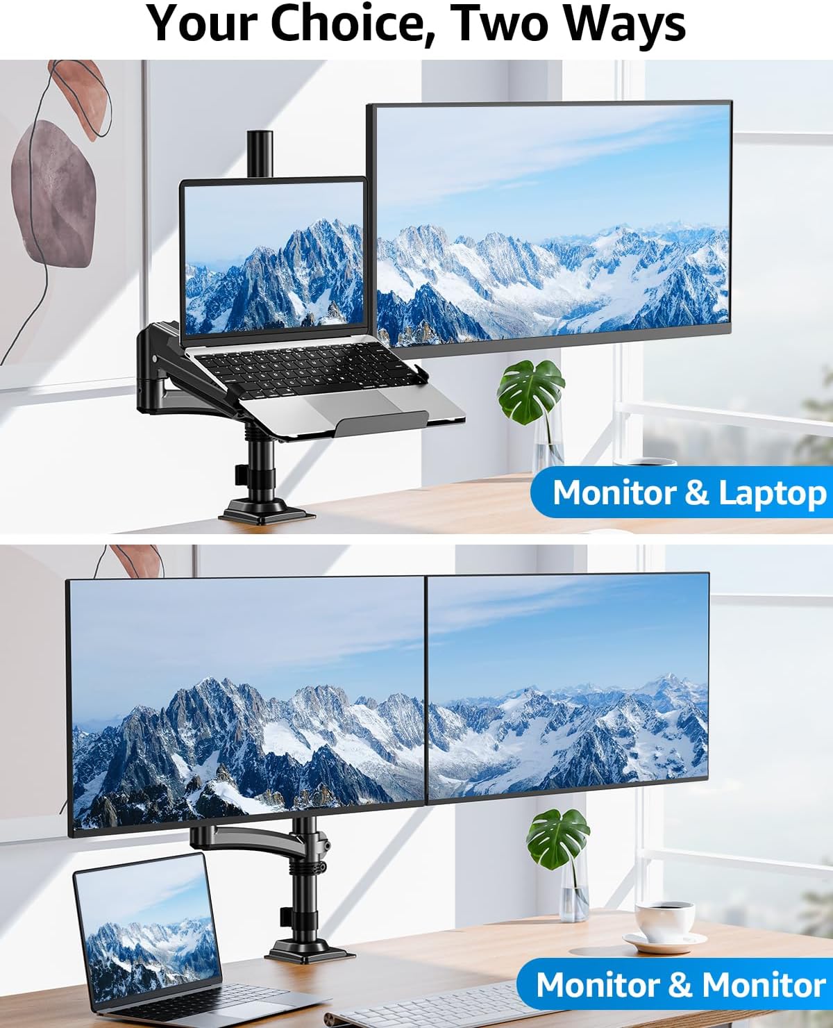 MOUNTUP Laptop and Monitor Desk Mount, Laptop Tray for Max 17" Notebook, Monitors Arm Fits up to 32" Monitor, Laptop Arm Holds 4.4-22lbs, 2-in-1 Tall Laptops Mount with Clamp/Grommet