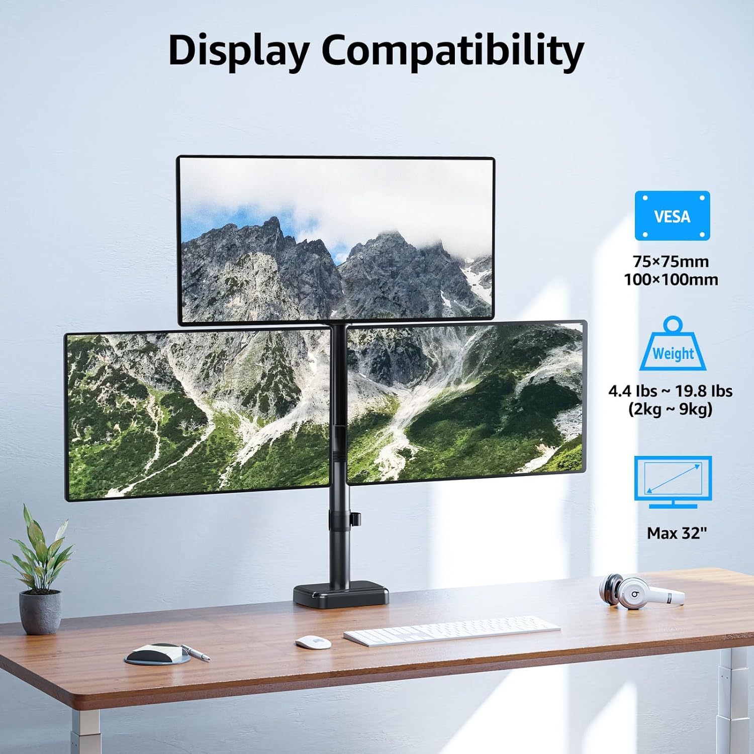 Full Motion Triple Monitor Desk Mount for Max 32'' Monitors MU6013A