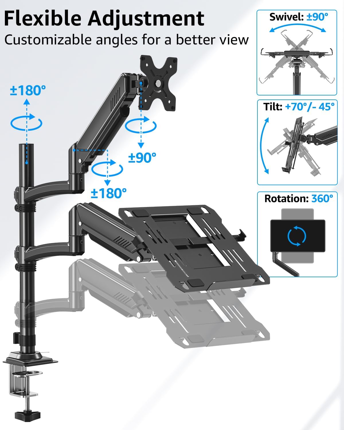 MOUNTUP Laptop and Monitor Desk Mount, Laptop Tray for Max 17" Notebook, Monitors Arm Fits up to 32" Monitor, Laptop Arm Holds 4.4-22lbs, 2-in-1 Tall Laptops Mount with Clamp/Grommet