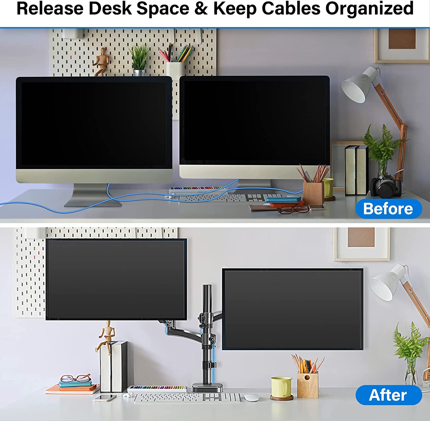 dual monitor arm release desk space and keep cables organized