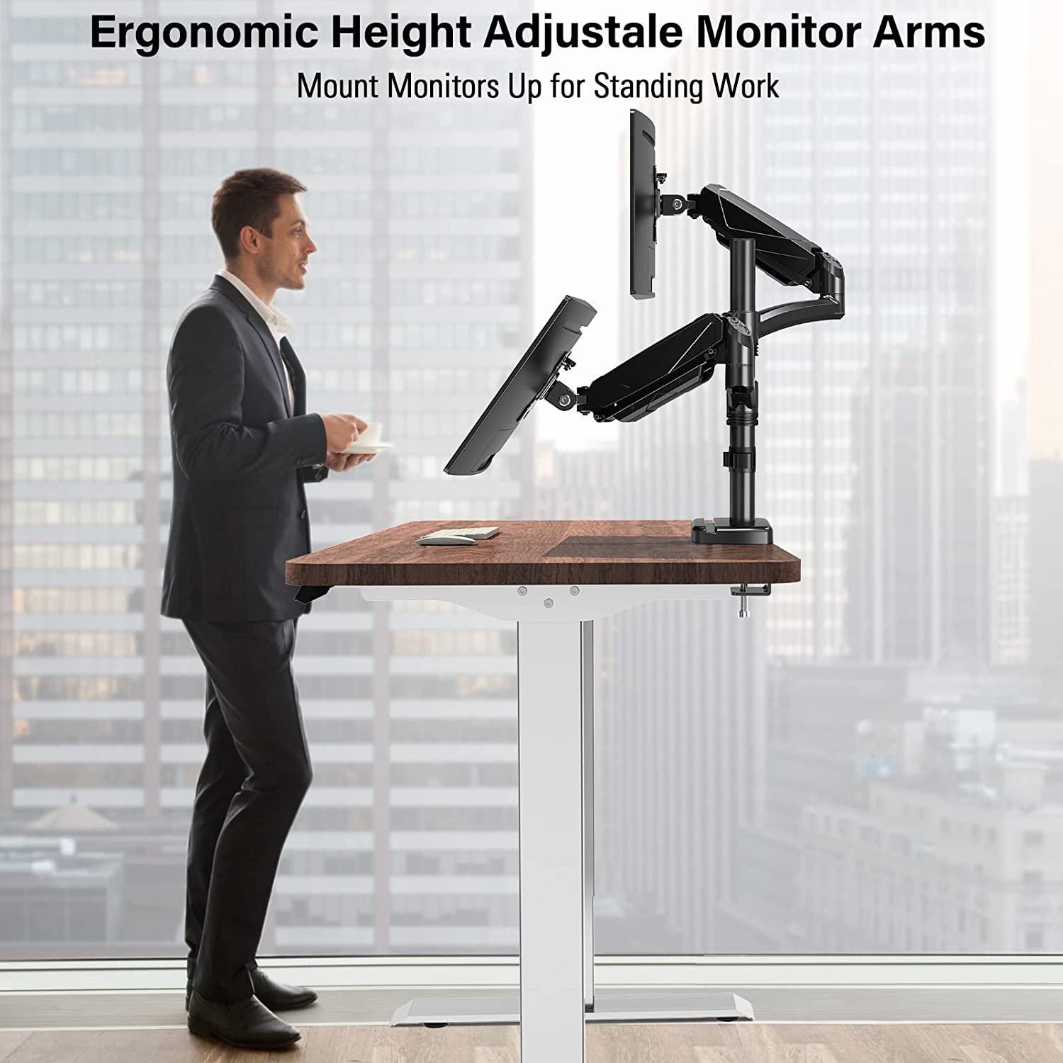 dual monitor arm for standing work position