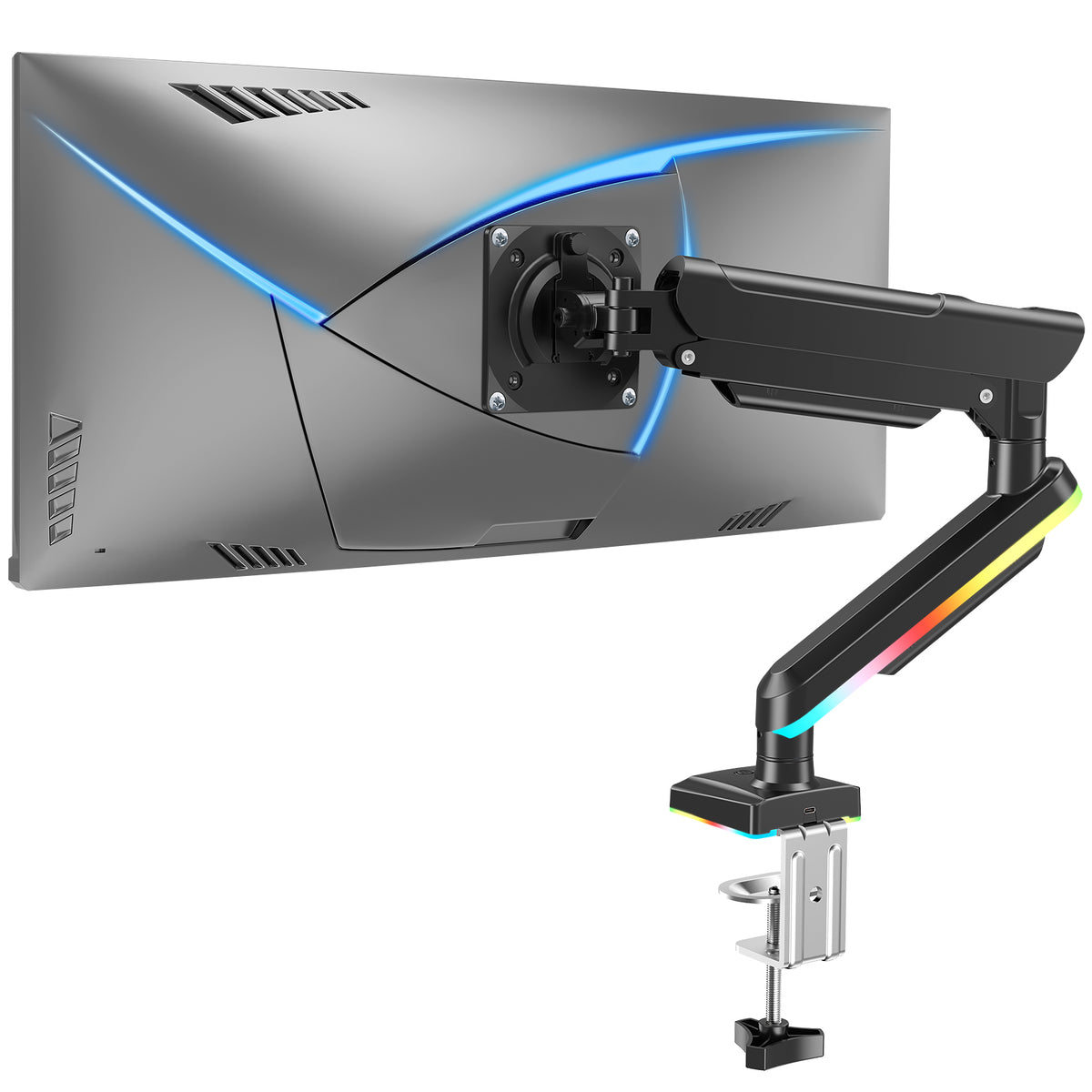 MOUNTUP RGB Single Monitor Arm Fits 32 27 24 22 inch, Holds 4.4-22lbs Screens, Monitor Stand for Desk with RGB Lights, 19 Modes, Computer Monitors Desk Mount, VESA Mount with Clamp & Grommet Bases