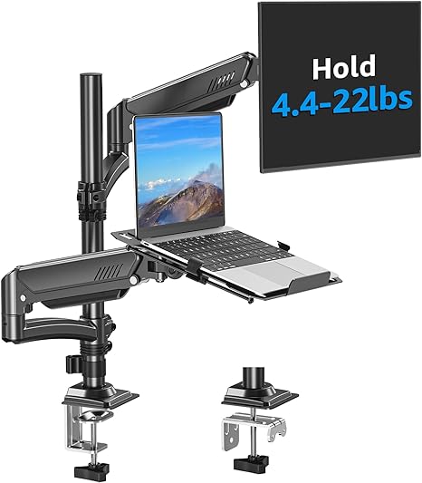 MOUNTUP Laptop and Monitor Desk Mount, Laptop Tray for Max 17" Notebook, Monitors Arm Fits up to 32" Monitor, Laptop Arm Holds 4.4-22lbs, 2-in-1 Tall Laptops Mount with Clamp/Grommet