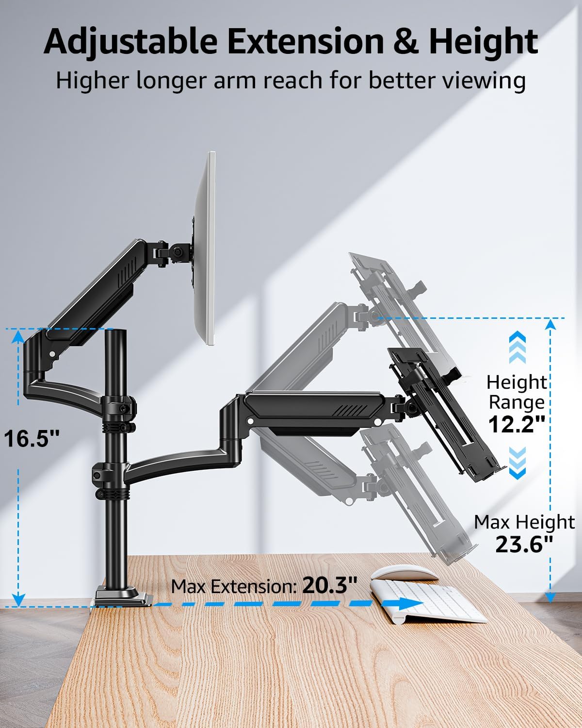 MOUNTUP Laptop and Monitor Desk Mount, Laptop Tray for Max 17" Notebook, Monitors Arm Fits up to 32" Monitor, Laptop Arm Holds 4.4-22lbs, 2-in-1 Tall Laptops Mount with Clamp/Grommet