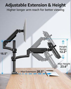 MOUNTUP Laptop and Monitor Desk Mount, Laptop Tray for Max 17" Notebook, Monitors Arm Fits up to 32" Monitor, Laptop Arm Holds 4.4-22lbs, 2-in-1 Tall Laptops Mount with Clamp/Grommet