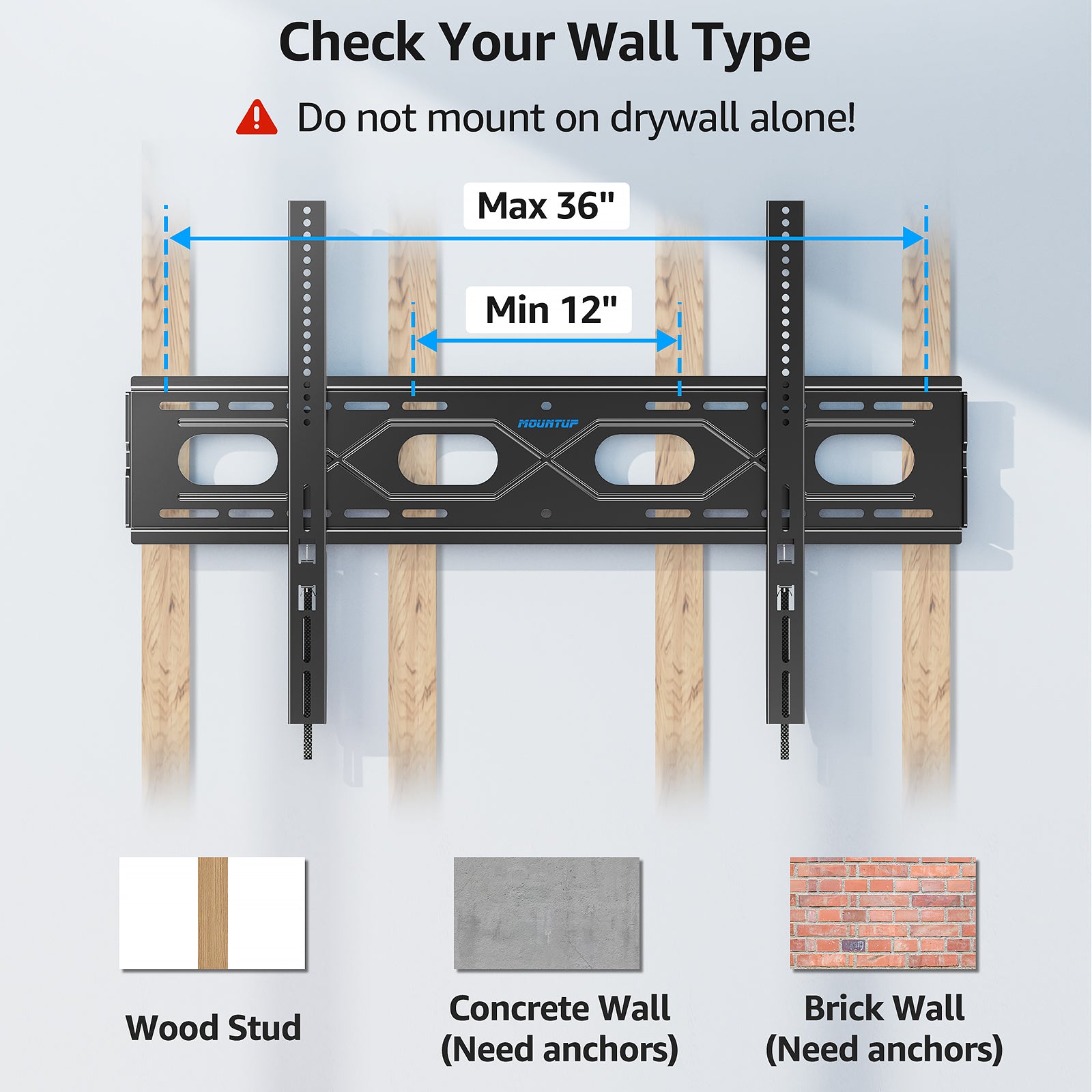 MOUNTUP Large Fixed TV Wall Mount for 50”-120" TVs up to 220 LBS, Low Profile Heavy Duty TV Mount Space Saving, Fits 16", 24", 32” Studs One-Piece Wall Bracket for Max VESA 950x600mm MU0097