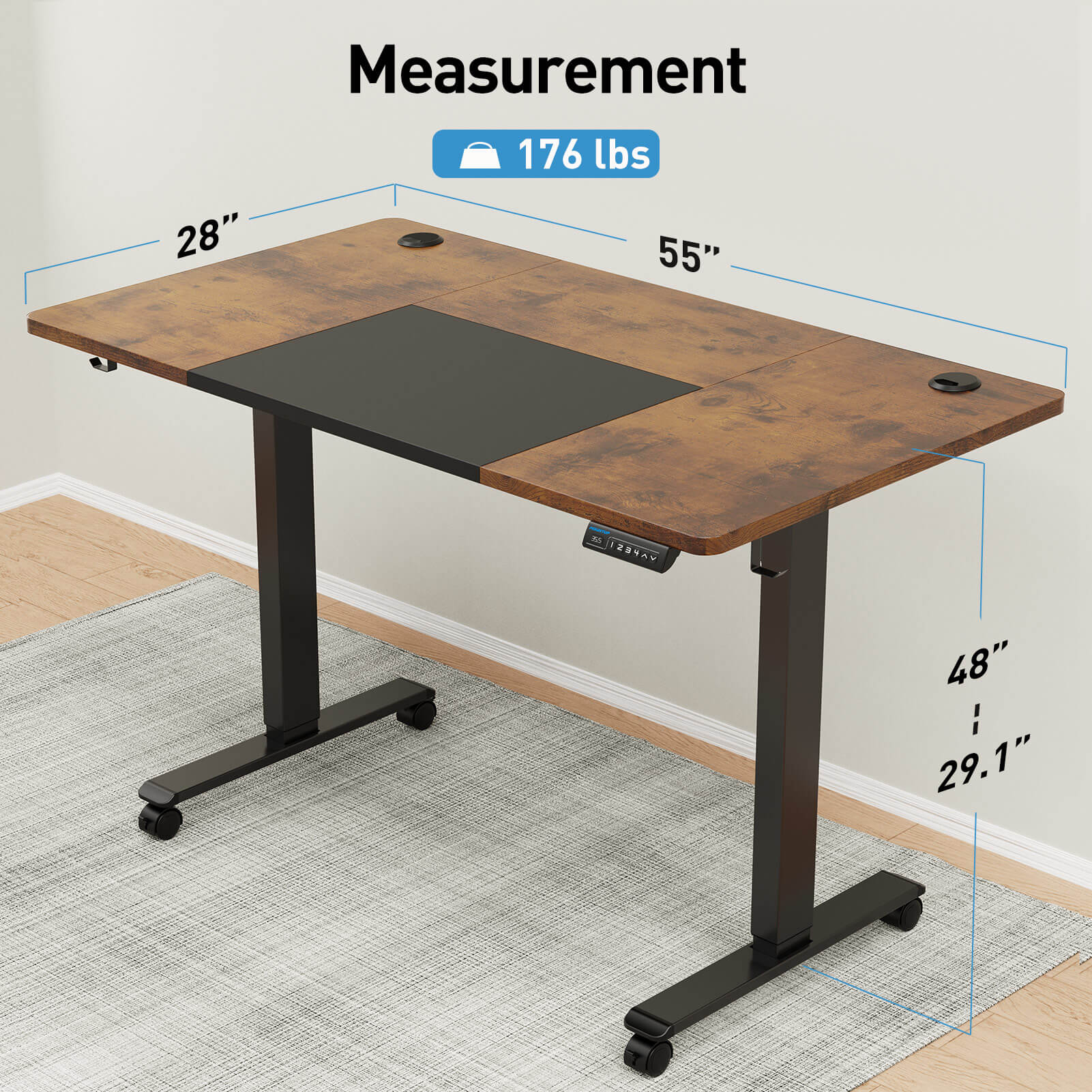 Electric Height Adjustable Standing Desk - Black & Rustic Brown MUD314