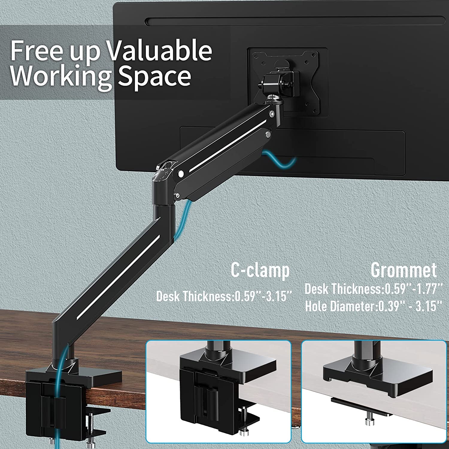 single monitor mount frees up working space