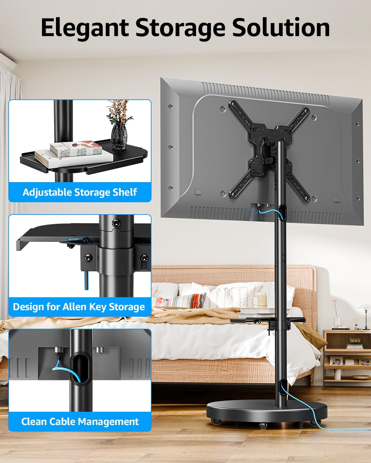 MOUNTUP Rolling Mobile TV Cart for 32-65 Inch LCD LED Flat/Curved Screen TVs MU1109-B