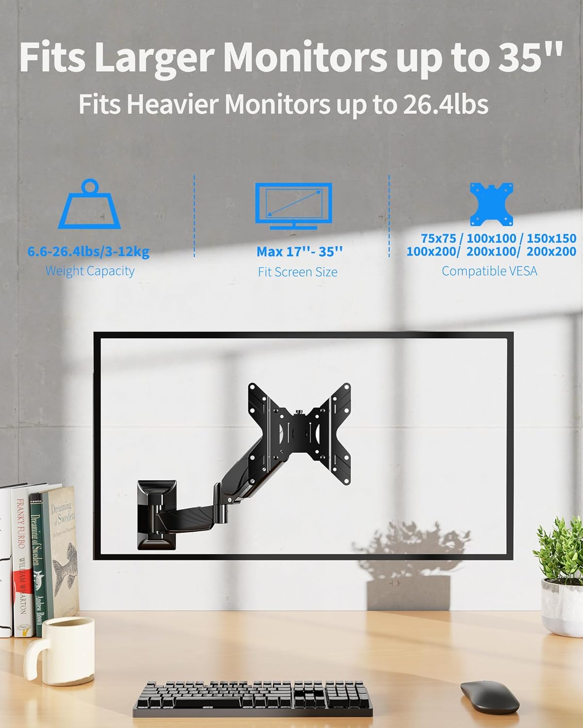 MOUNTUP Monitor Wall Mount for 17-35 Inch Computer Screen, Gas Spring  Single Monitor Arm with VESA Extension Kit for VESA 75x75, 100x100,  100x200