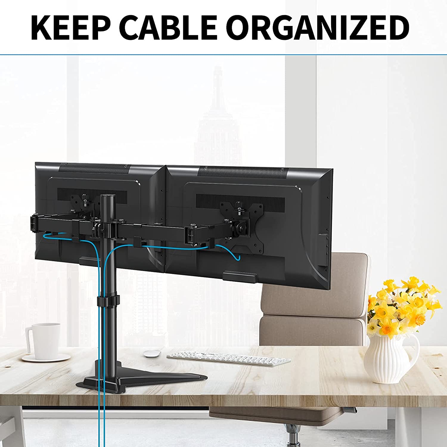 frestanding dual monitor stand keeps cable organized