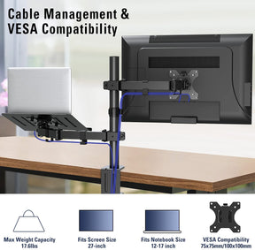 laptop and monitor mount with cables management and wide compatibility