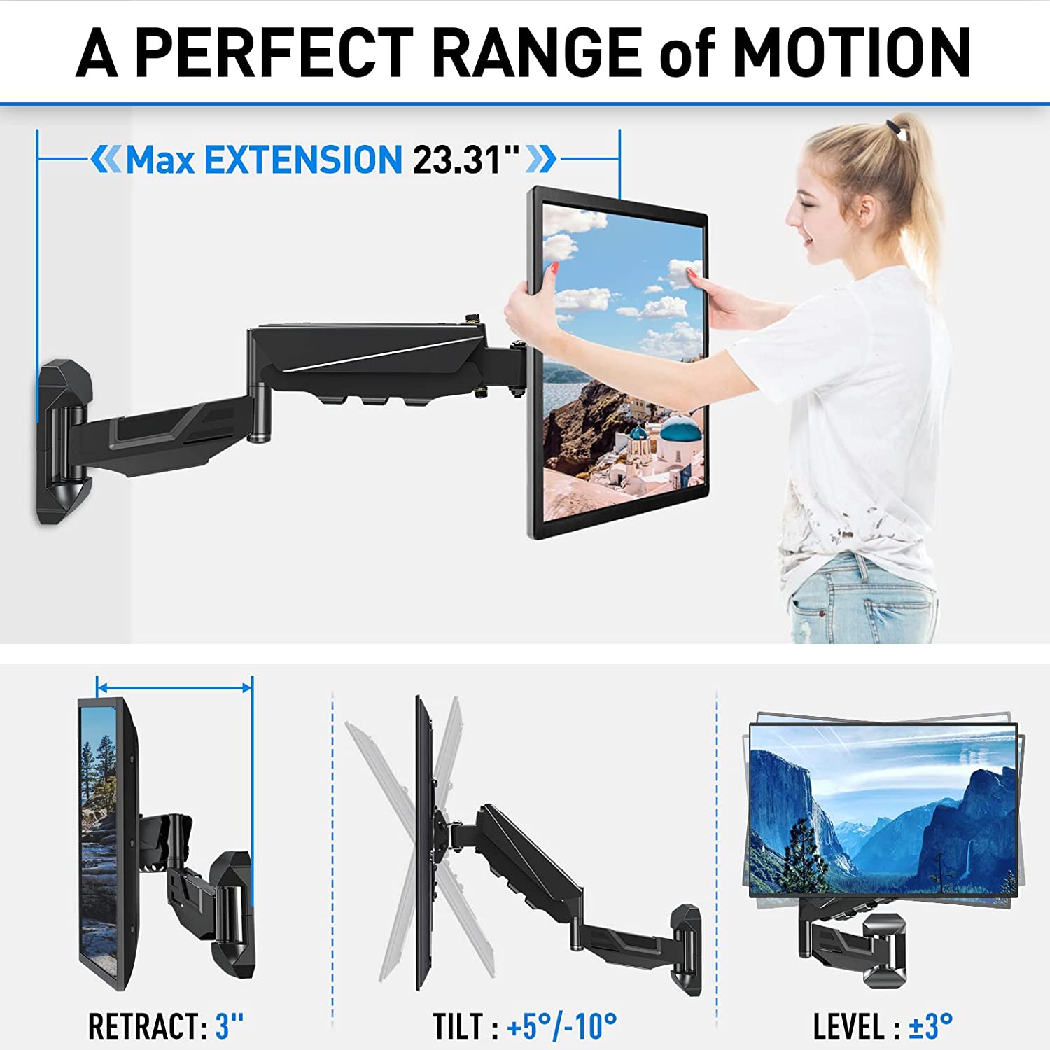 full motion TV wall mount with a wide range of adjustment