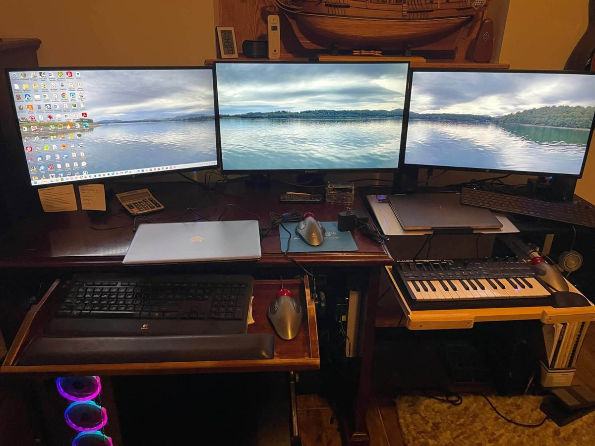 multifunction desk with triple monitor desk mount
