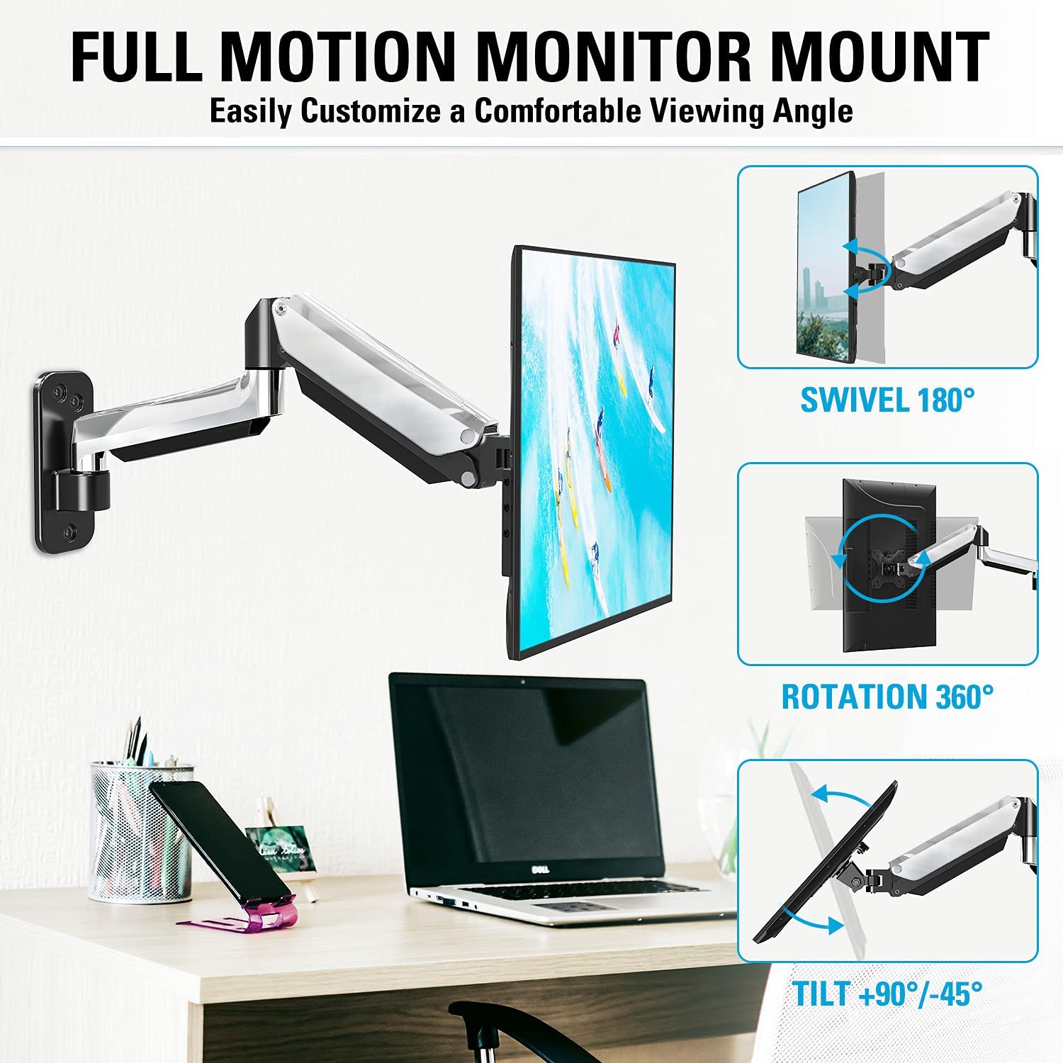 full motion monitor wall mount customizes a better viewing angle