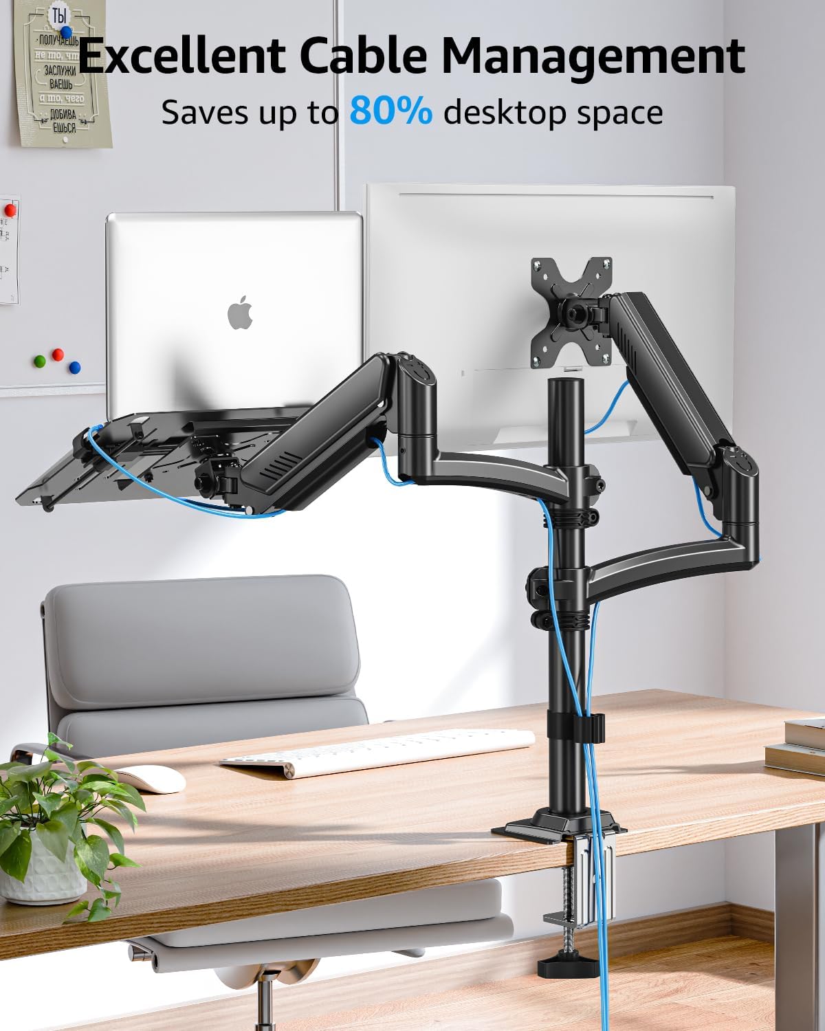 MOUNTUP Laptop and Monitor Desk Mount, Laptop Tray for Max 17" Notebook, Monitors Arm Fits up to 32" Monitor, Laptop Arm Holds 4.4-22lbs, 2-in-1 Tall Laptops Mount with Clamp/Grommet