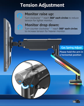 MOUNTUP RGB Single Monitor Arm Fits 32 27 24 22 inch, Holds 4.4-22lbs Screens, Monitor Stand for Desk with RGB Lights, 19 Modes, Computer Monitors Desk Mount, VESA Mount with Clamp & Grommet Bases