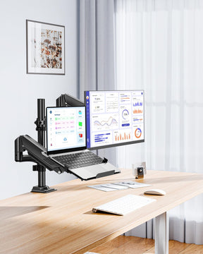 MOUNTUP Laptop and Monitor Desk Mount, Laptop Tray for Max 17" Notebook, Monitors Arm Fits up to 32" Monitor, Laptop Arm Holds 4.4-22lbs, 2-in-1 Tall Laptops Mount with Clamp/Grommet