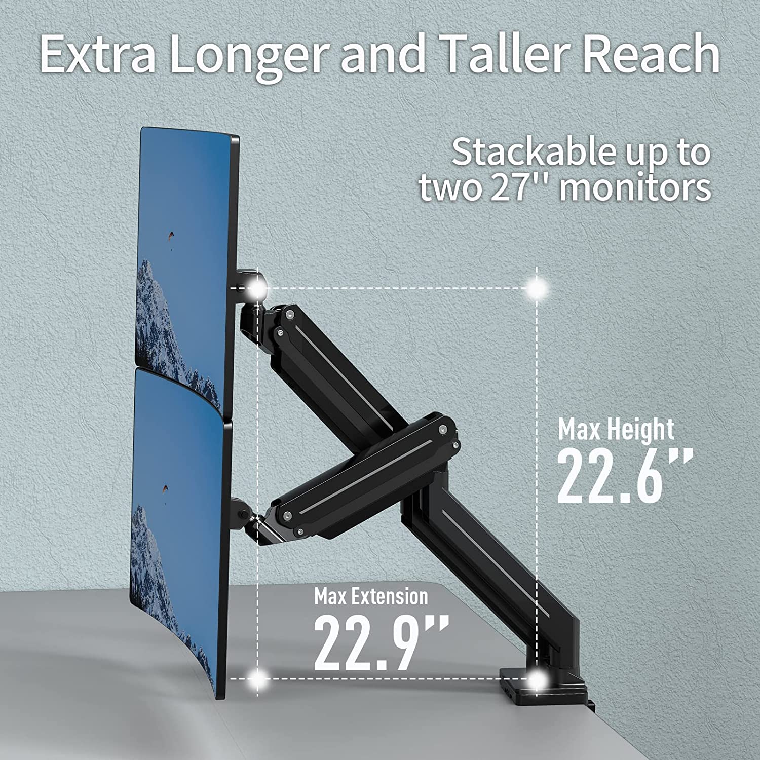 dual monitor desk mount with longer extension and height adjustment