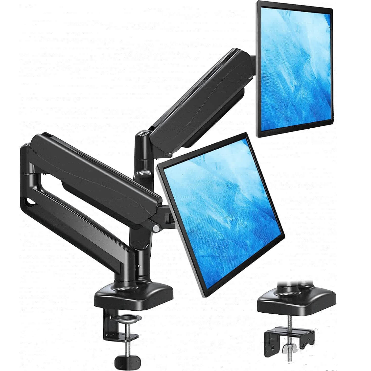 HUANUO Triple Monitor Mount for 17 to 32 inch Screens, 3 Monitor Desk Mount  Stand with Gas Spring Adjustment Swivel Tilt Rotation with Clamp & Grommet