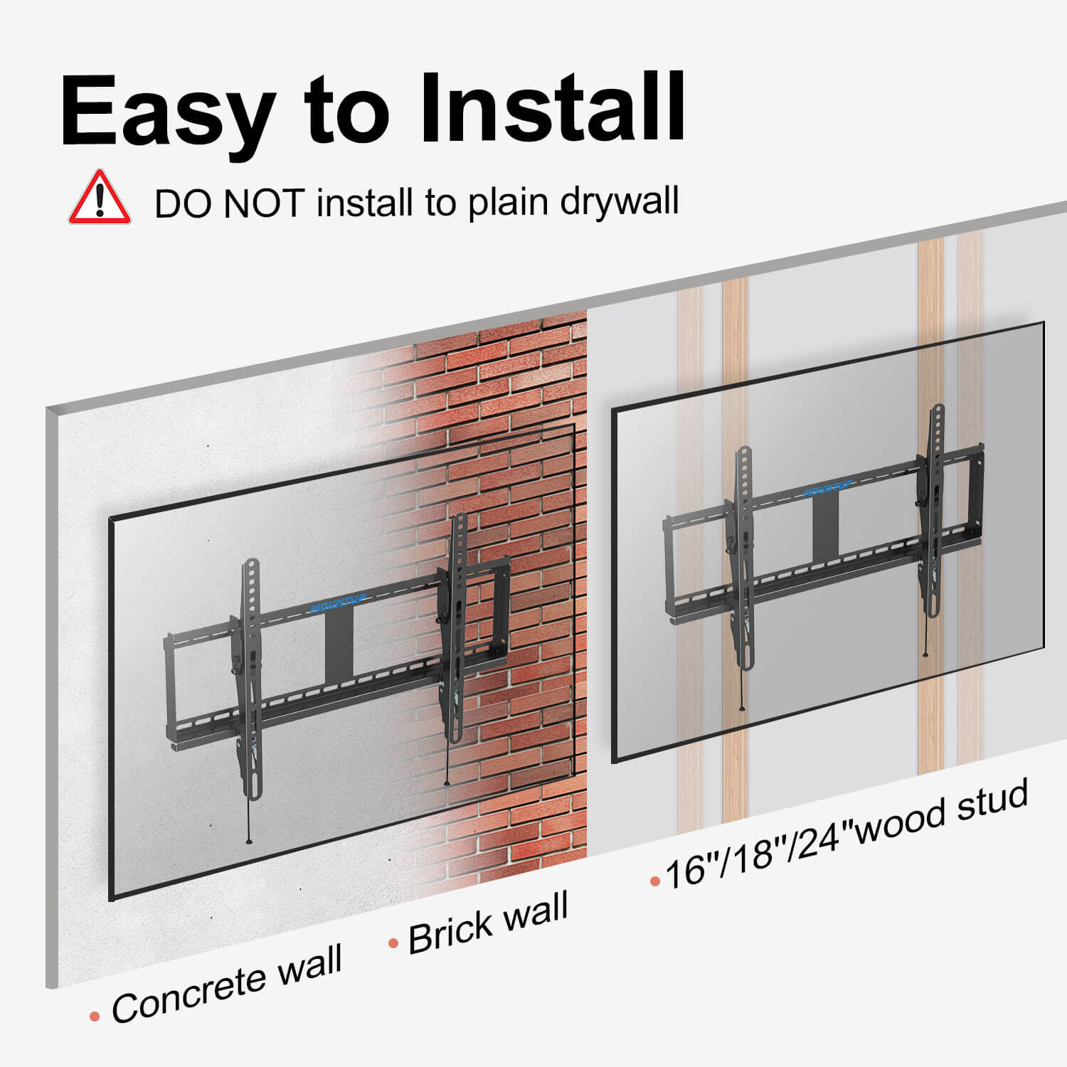 easy to install this wall mount for TV on concrete/brick wall and wood studs