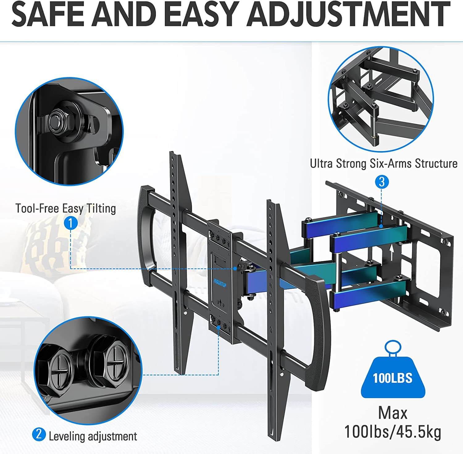 TV mount built with tool-free tilting and strong articulating arms