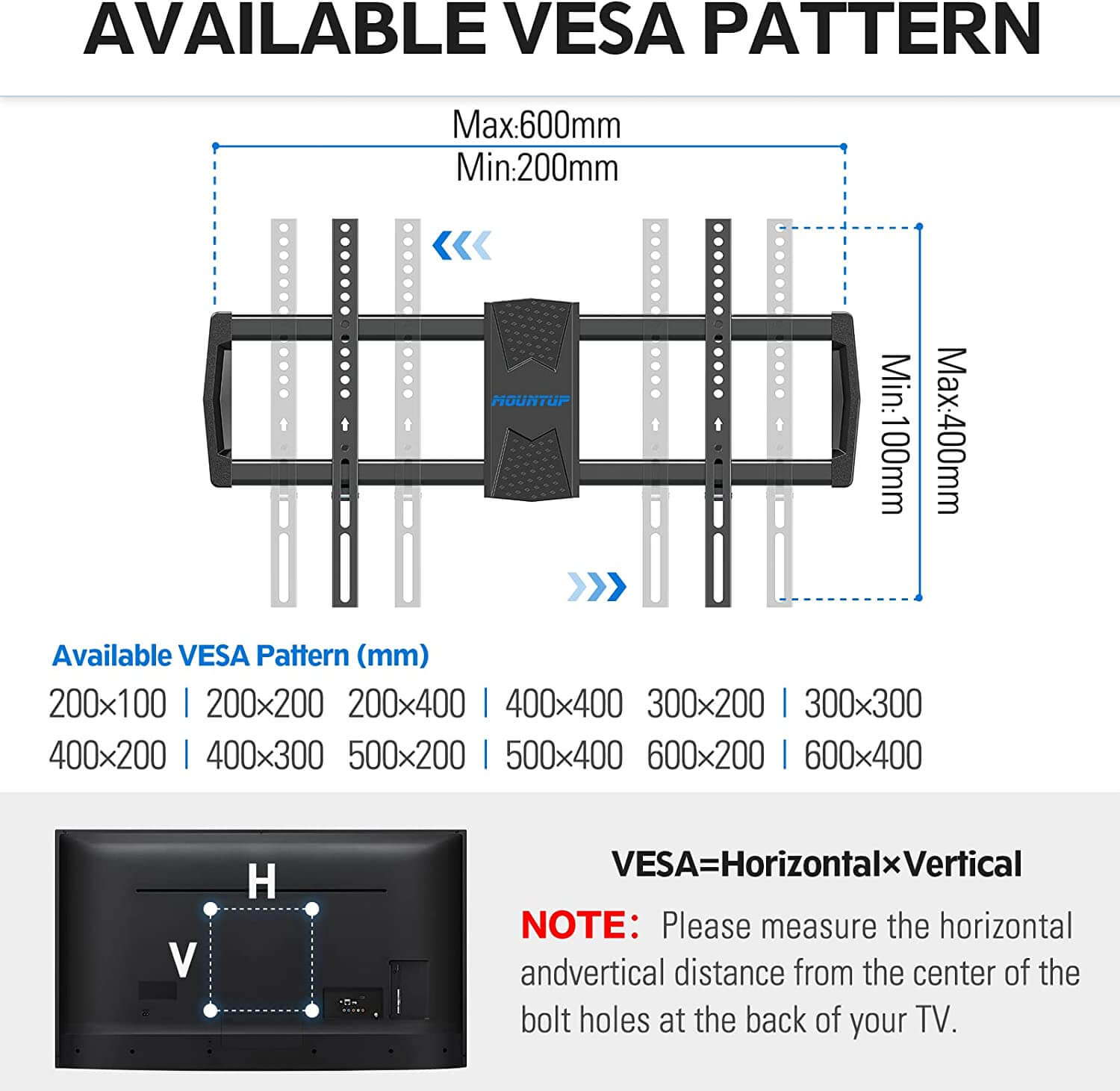 TV wall mount fits VESA from 200×100 mm to 600×400 mm