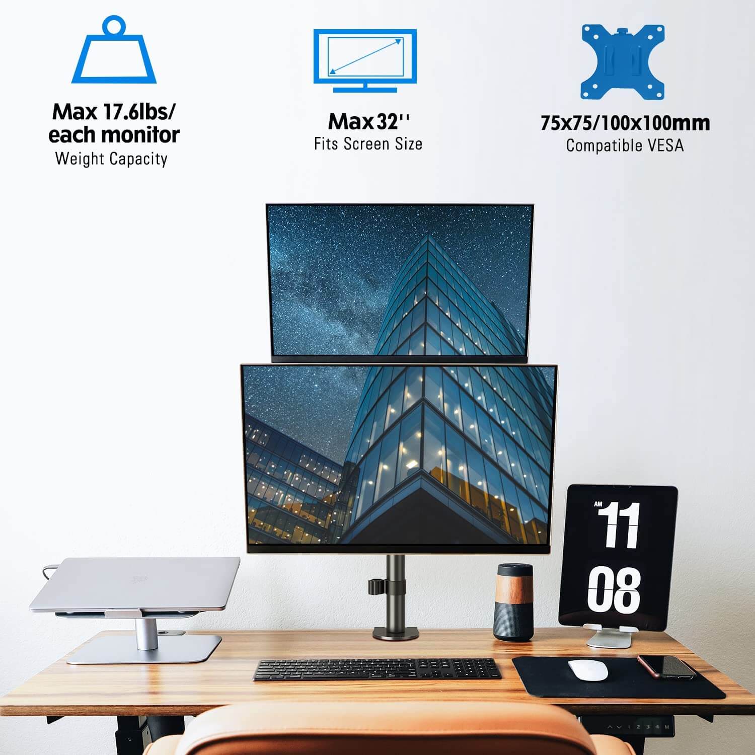 Vertical Dual Monitor Desk Mount for Max 32'' Monitors MUA3004