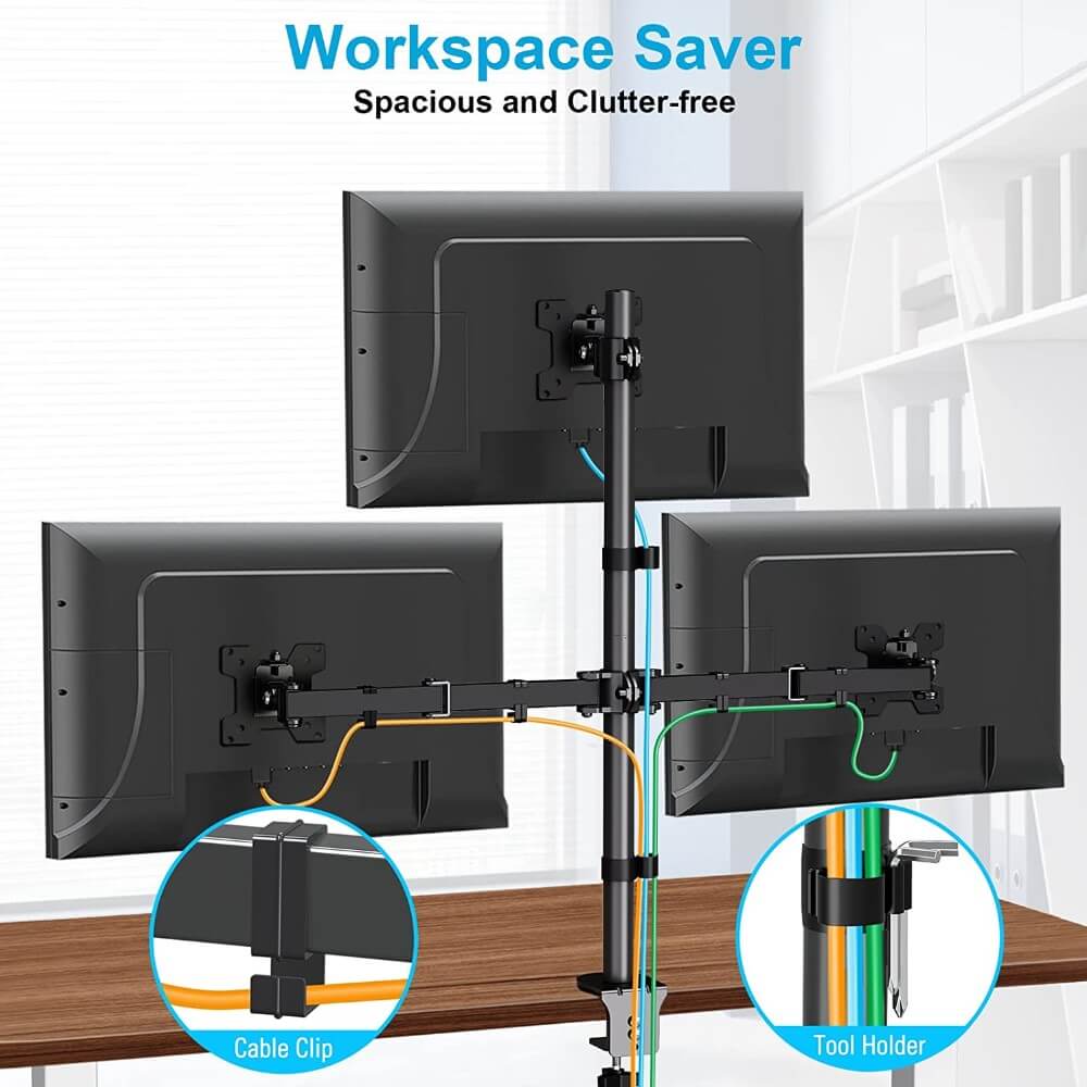 3 monitor stand with cable management provides a spacious and clutter-free desk space