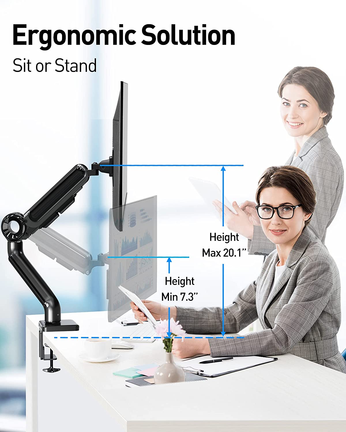 long monitor arm allows for sitting and standing