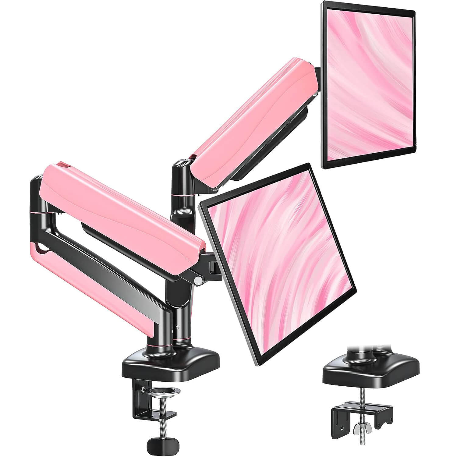 pink dual monitor stand grommet mount and clamp mount