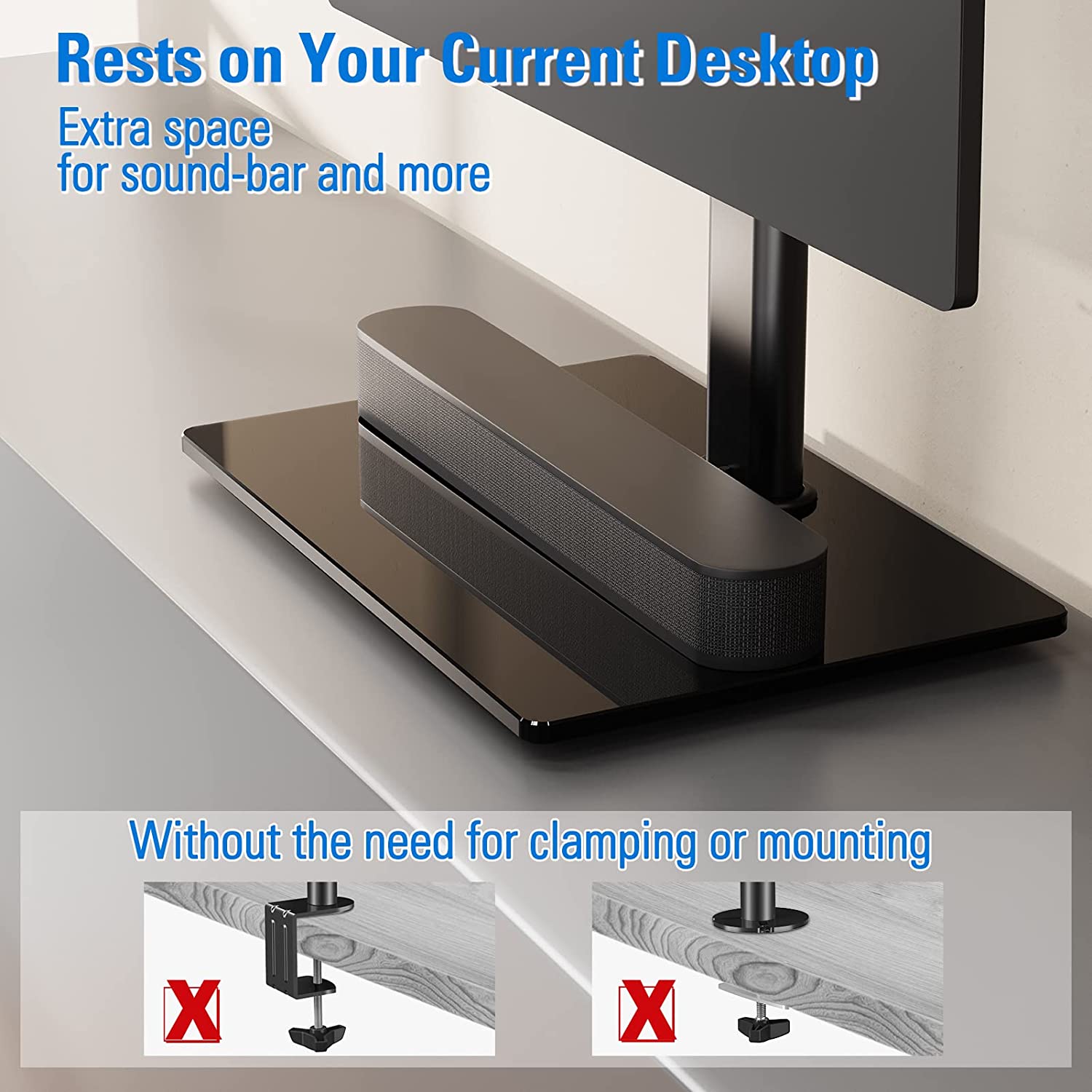 freestanding monitor stand with no need of clamping or drilling holes