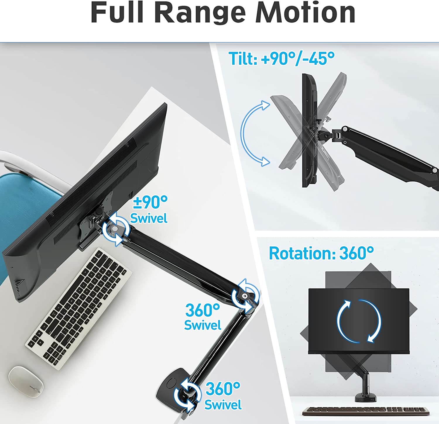 single monitor arm offers a full range of motion