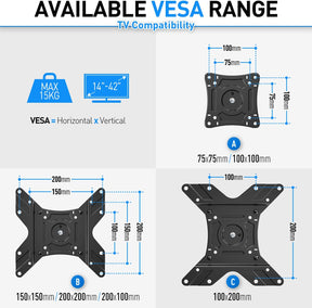 42 inch TV mount fits VESA from 75×75 mm to 200×200 mm