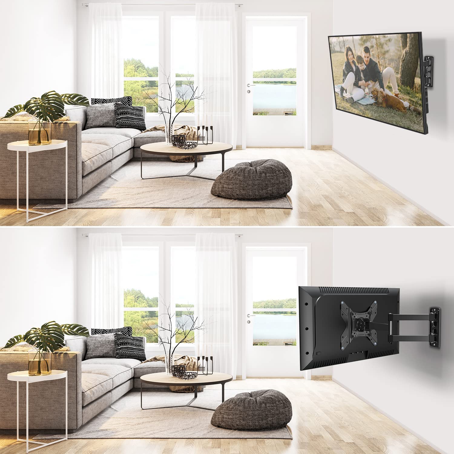 MOUNTUP Soporte de pared para TV de movimiento completo para televisores de  42 a 75 pulgadas de hasta 24 pulgadas con montante de madera