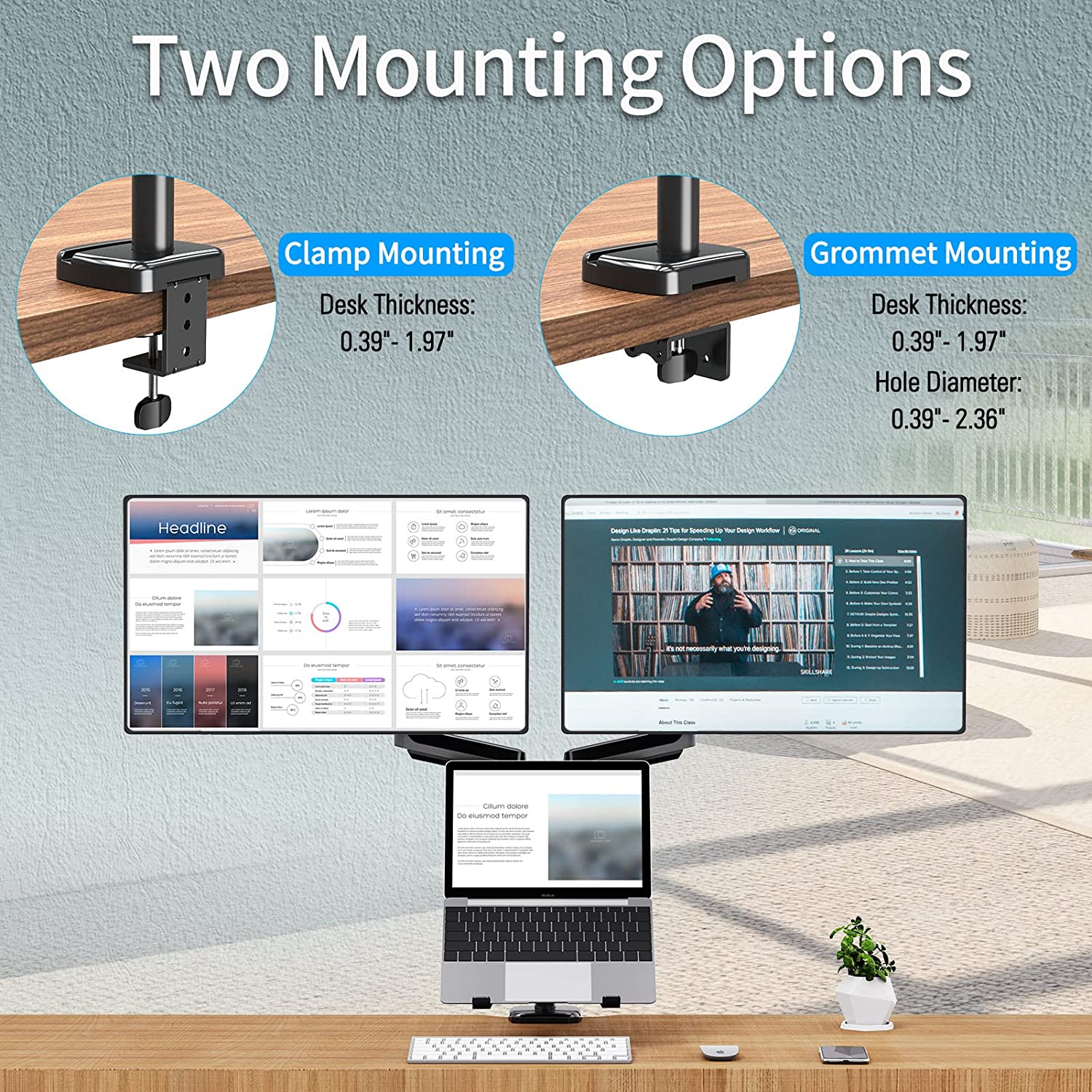 HUANUO Triple Monitor Mount for 17 to 32 inch Screens, 3 Monitor Desk Mount  Stand with Gas Spring Adjustment Swivel Tilt Rotation with Clamp & Grommet