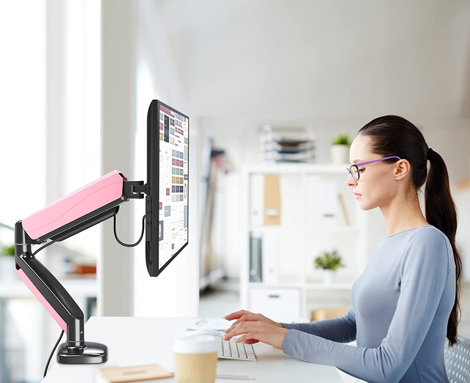 pink single monitor mount for office