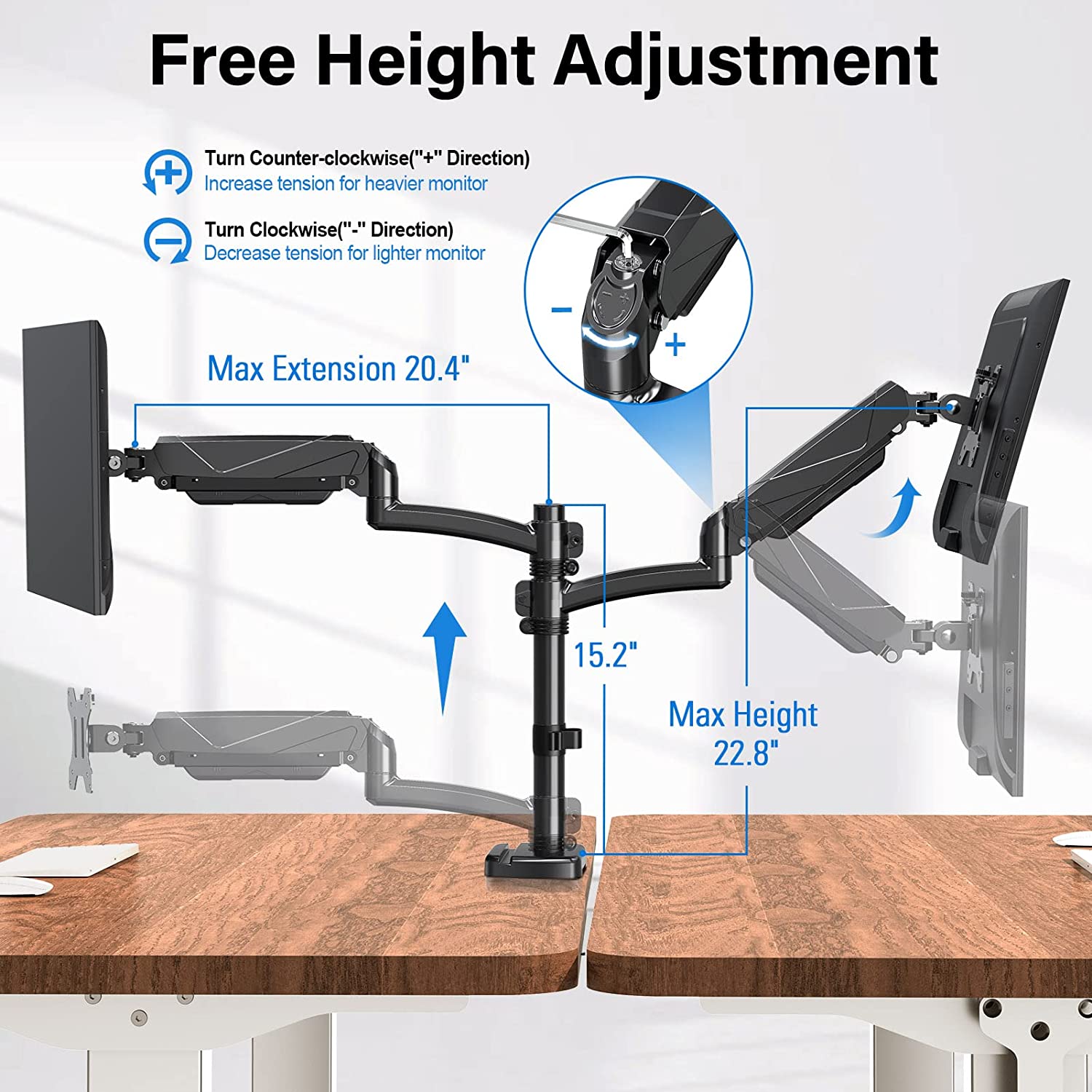 HUANUO Vertical Dual Monitor Mount, Stacked Monitor Stand for 2 Monitors  with Height Adjustment Computer Monitor Arm Supports Two 17 to 32 Inch with  C