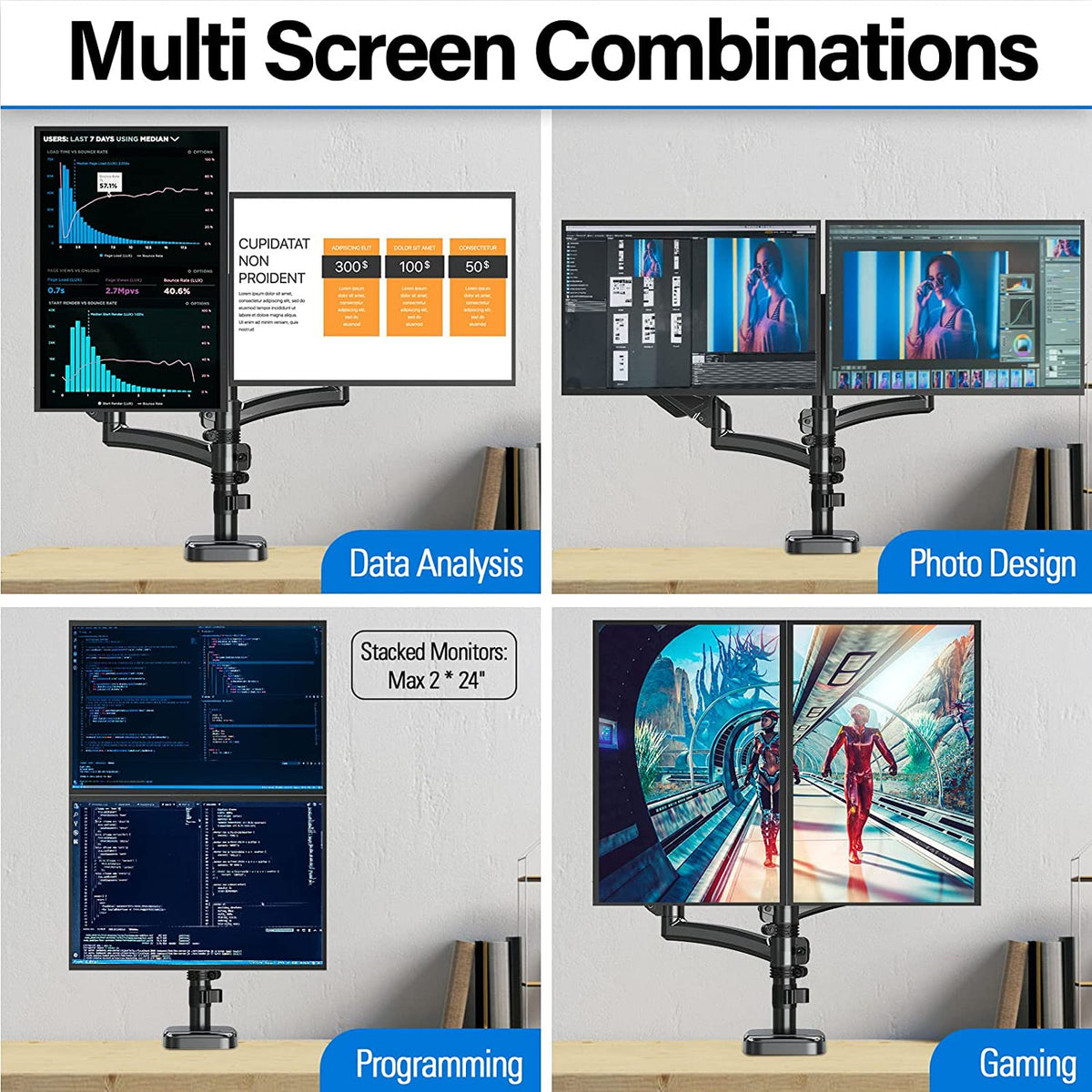 Height Adjustable Dual Monitor Stand Desk Mount for Two Monitors 32 ...